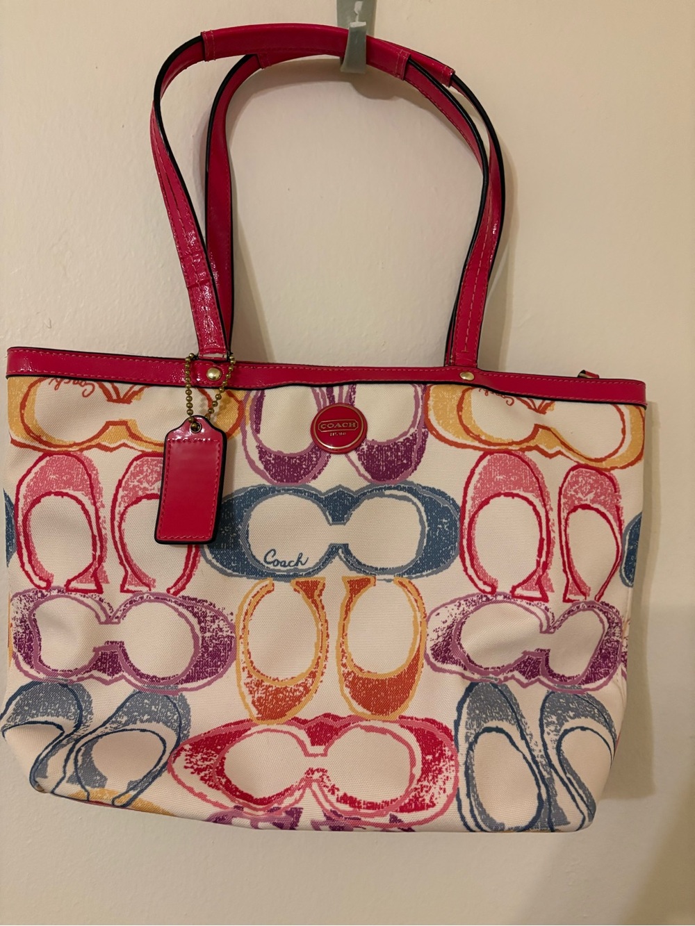 Coach Multicolor Signature Canvas Tote with Pink Trim and Handles